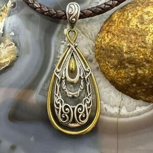 Carolyn Pollack Sterling & Brass Decorated Teardrop Enhancer Pendant For Women